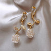 Korea Jewelry White Resin Camellia Pendant Leaf Crystal Earrings Elegant Women Summer Matching Skirt Accessories