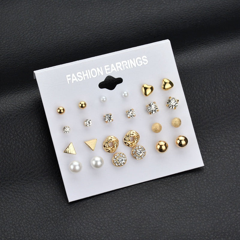Korea Style 12 Pairs Sets Round Square Ball Alloy Crystal Stud Pearl Earrings For Women Hot-selling Cute Stud Earring