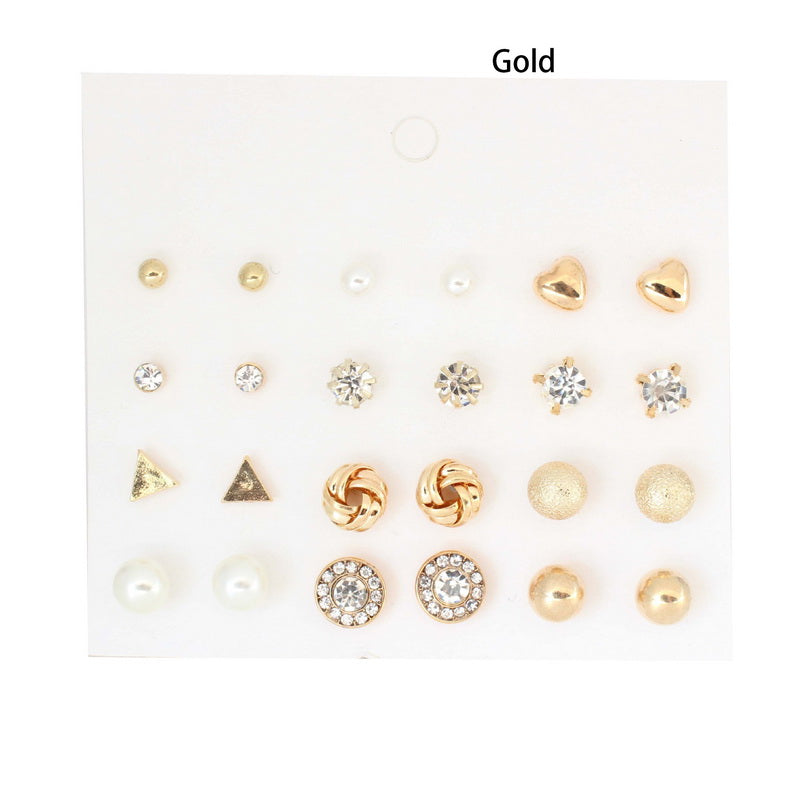 Korea Style 12 Pairs Sets Round Square Ball Alloy Crystal Stud Pearl Earrings For Women Hot-selling Cute Stud Earring