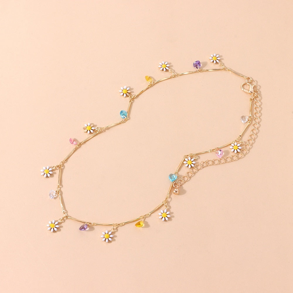 Korea Style Daisy Pendant Necklace Colorful Beaded Short Choker  Lovely  Necklace For Women Girls Party Vacation Jewelry