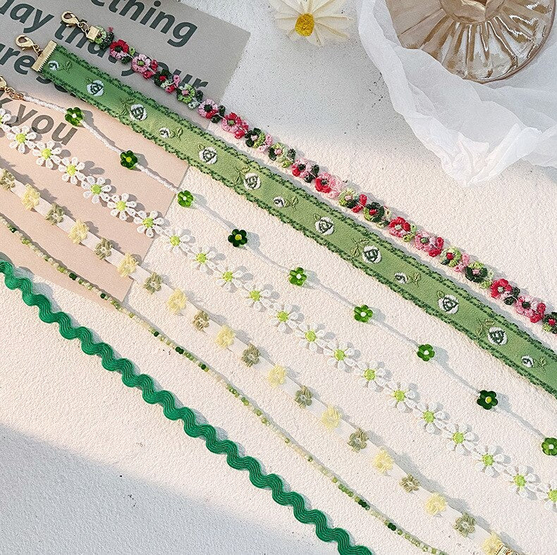 Korea Summer Sweet Simple Lace Beaded Flower Green Lace Pendant Choker Necklace for Women Aesthetic Jewelry