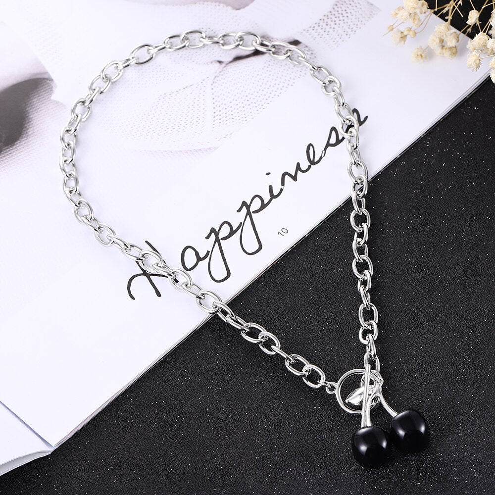 Korea Wild Hip-hop Rock Net Red Choker Necklace Black Cherry Necklace Female Ins Dark Girl Clavicle Chain Jewelry Female
