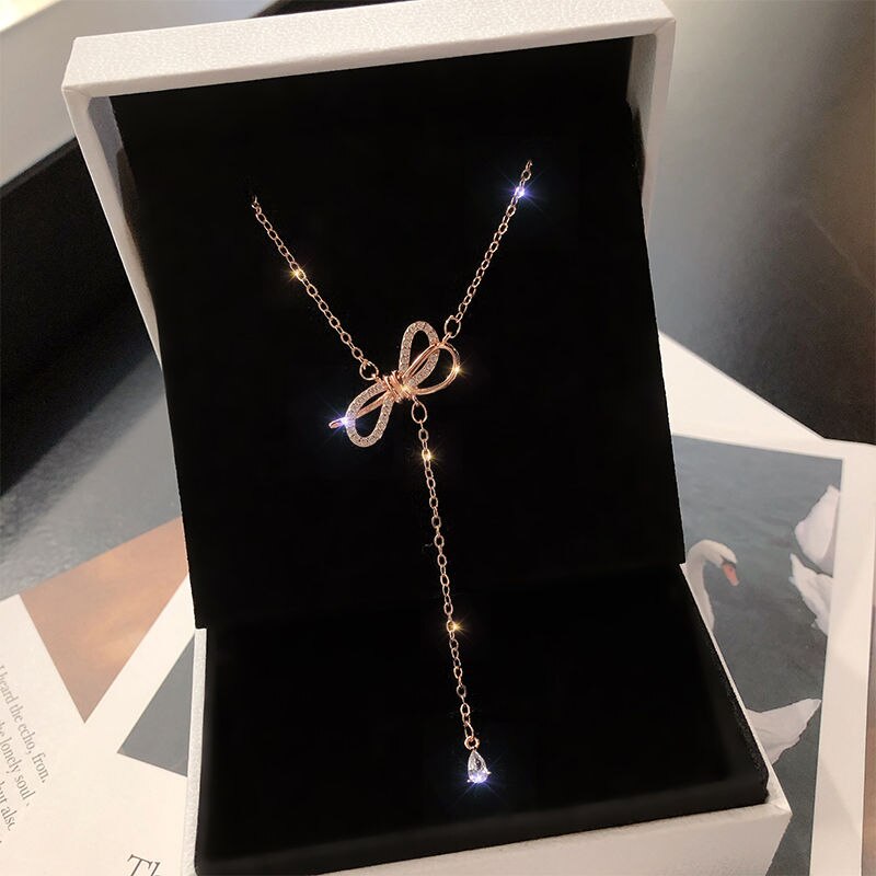 Korea Zircon Bow Necklace for Women Short Sweet Delicate Clavicle Chain Choker Party Trend  Jewelry Girls Gifts