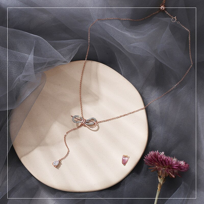 Korea Zircon Bow Necklace for Women Short Sweet Delicate Clavicle Chain Choker Party Trend  Jewelry Girls Gifts