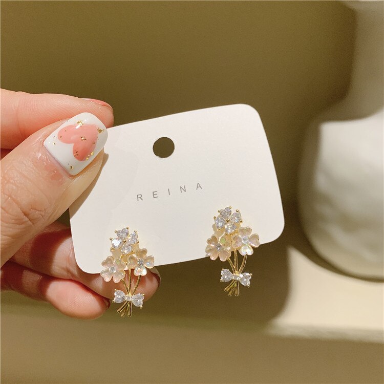 Korea Jewelry Exquisite 14K Gold plated Zircon Shell Flower Earring Sweet Student Gifts Women's Wedding earring