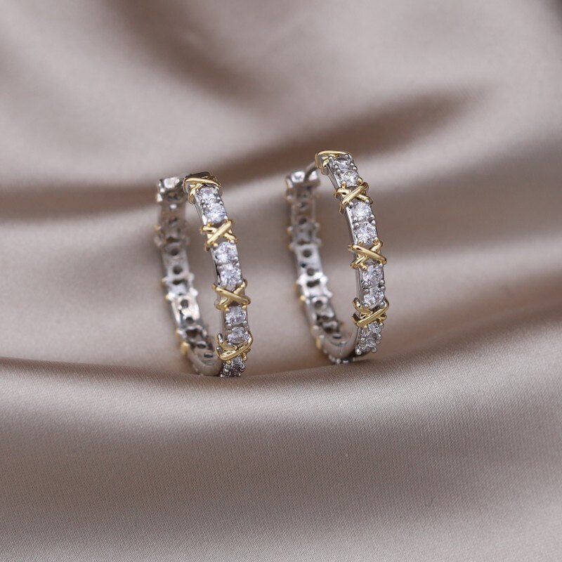 Korea's Design Jewelry 14K Gold Plated Zircon Contrast Cross hoop Earrings Elegant Women's Daily Work Accessories