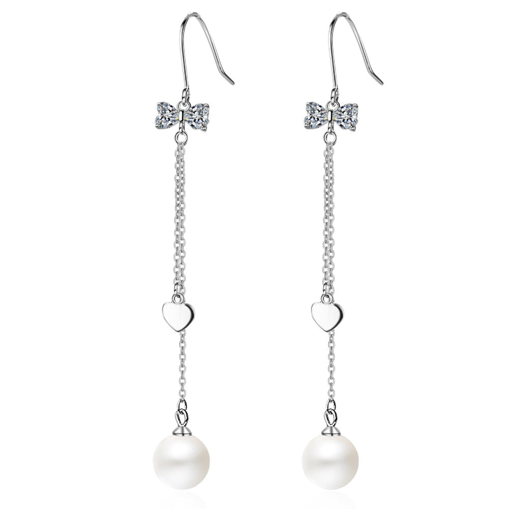 Korean 100% 925 Sterling Sliver Sweet Bow Long Earrings for Women Gift Pave Mirco White Zircon Star Drop Earring Jewelry