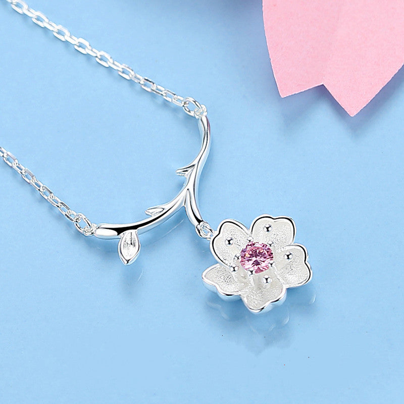 Korean 925 silver cherry necklaces female students simple pink crystal clavicle chain sakura jewelry for women