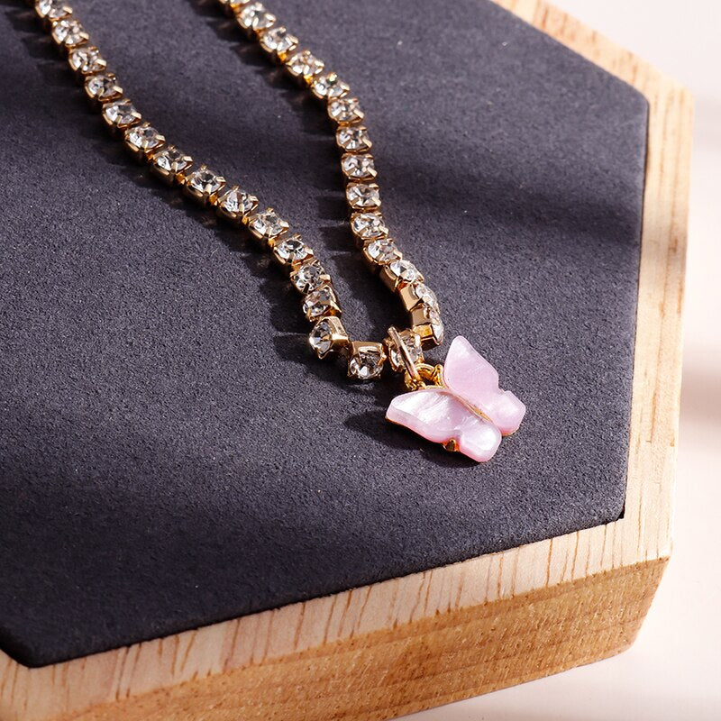 Korean Acrylic Colorful Butterfly Pendants Necklaces for Women Simple Style Crystal Necklace  Jewelry Accessories