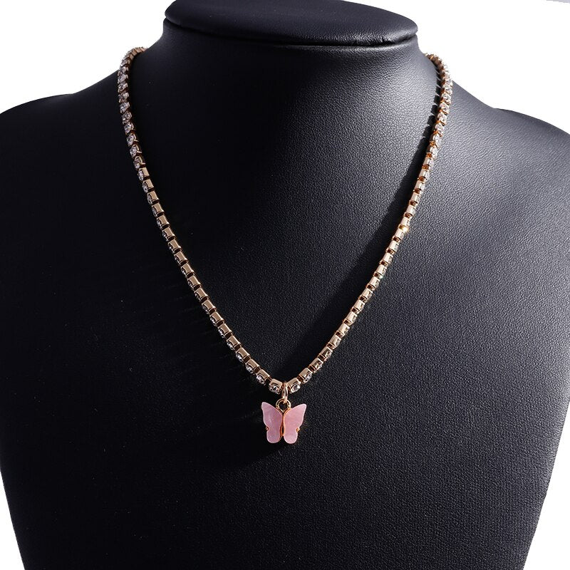 Korean Acrylic Colorful Butterfly Pendants Necklaces for Women Simple Style Crystal Necklace  Jewelry Accessories