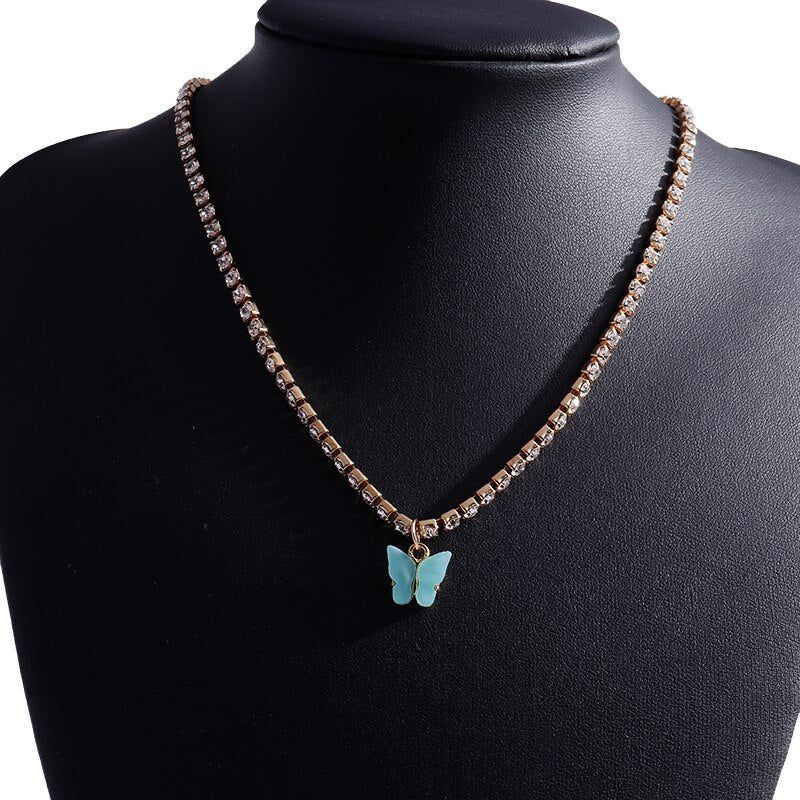 Korean Acrylic Colorful Butterfly Pendants Necklaces for Women Simple Style Crystal Necklace  Jewelry Accessories