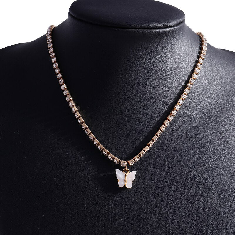 Korean Acrylic Colorful Butterfly Pendants Necklaces for Women Simple Style Crystal Necklace  Jewelry Accessories