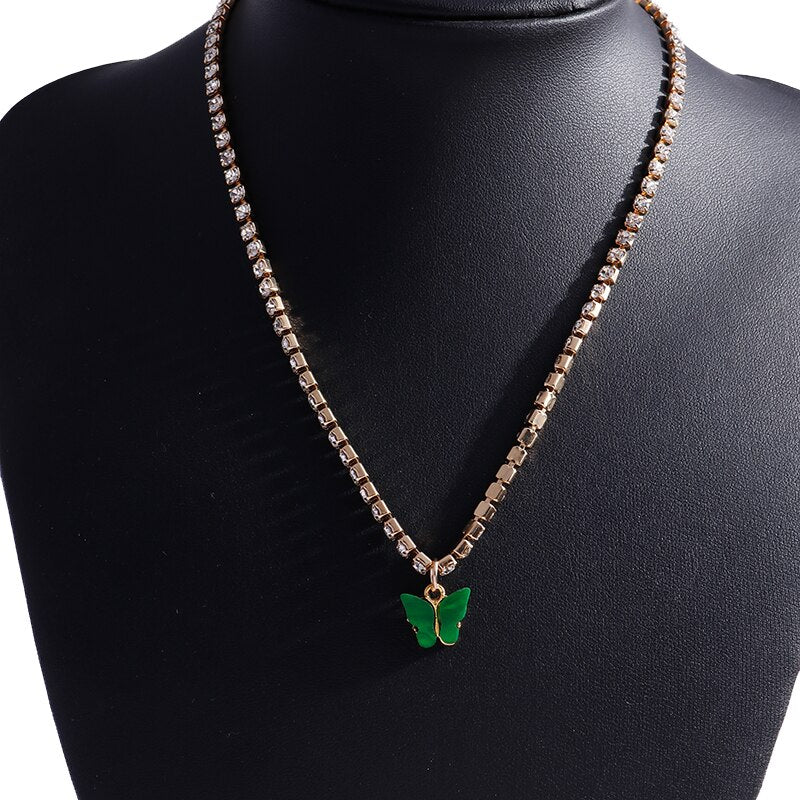 Korean Acrylic Colorful Butterfly Pendants Necklaces for Women Simple Style Crystal Necklace  Jewelry Accessories