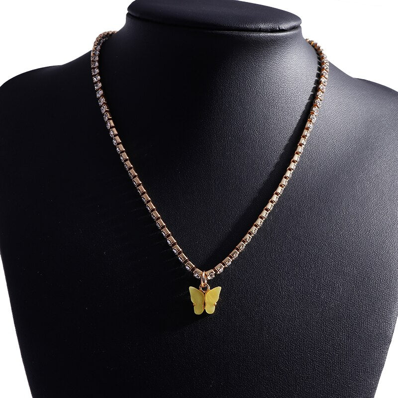 Korean Acrylic Colorful Butterfly Pendants Necklaces for Women Simple Style Crystal Necklace  Jewelry Accessories