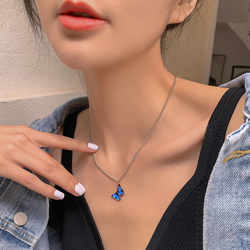 Korean Blue Gradient Butterfly Necklace for Women Girls Silver Color Butterflies Pendant Choker Necklaces Jewelry Gift