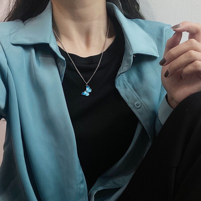 Korean Blue Gradient Butterfly Necklace for Women Girls Silver Color Butterflies Pendant Choker Necklaces Jewelry Gift