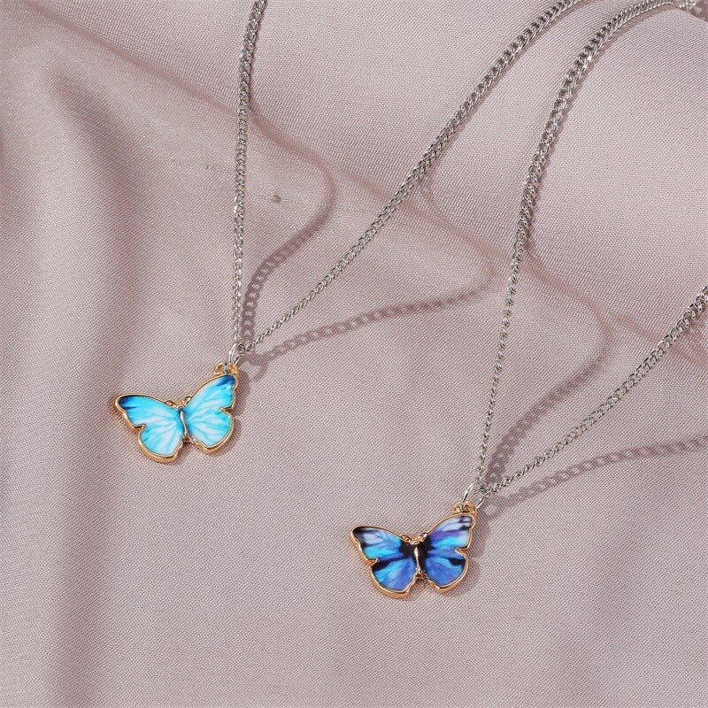 Korean Blue Gradient Butterfly Necklace for Women Girls Silver Color Butterflies Pendant Choker Necklaces Jewelry Gift