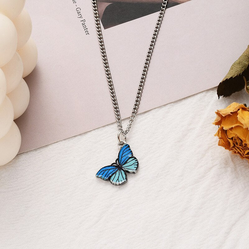Korean Blue Gradient Butterfly Necklace for Women Girls Silver Color Butterflies Pendant Choker Necklaces Jewelry Gift