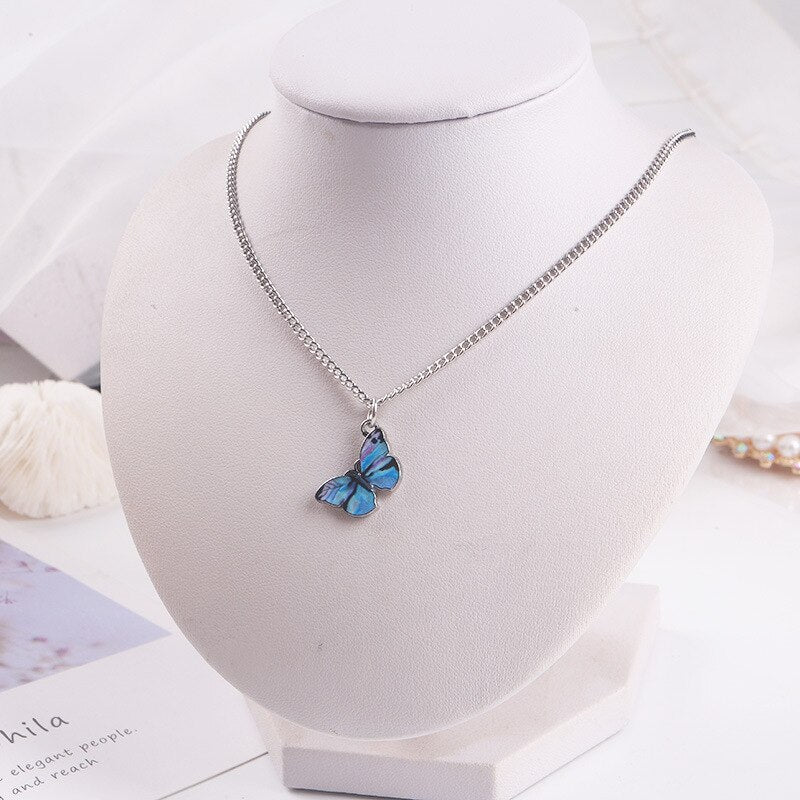 Korean Blue Gradient Butterfly Necklace for Women Girls Silver Color Butterflies Pendant Choker Necklaces Jewelry Gift