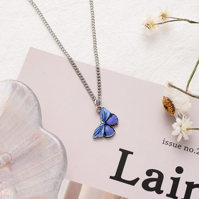 Korean Blue Gradient Butterfly Necklace for Women Girls Silver Color Butterflies Pendant Choker Necklaces Jewelry Gift