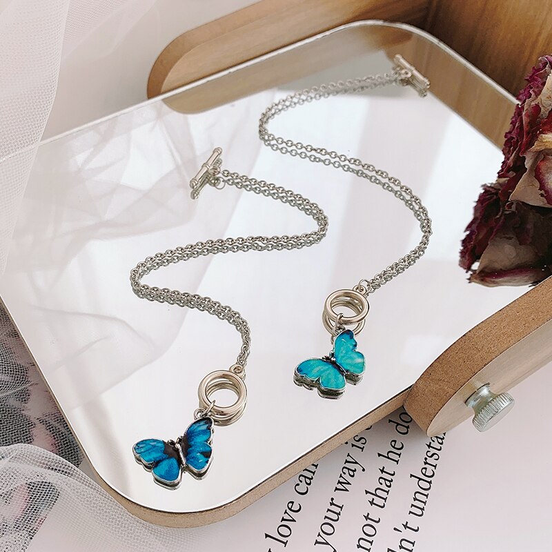 Korean Blue Gradient Butterfly Necklace for Women Girls Silver Color Butterflies Pendant Choker Necklaces Jewelry Gift