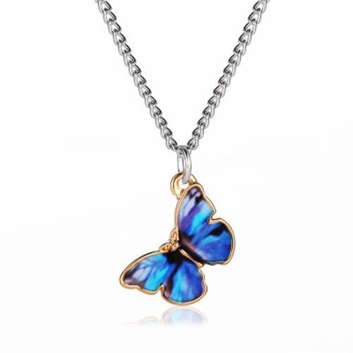Korean Blue Gradient Butterfly Necklace for Women Girls Silver Color Butterflies Pendant Choker Necklaces Jewelry Gift