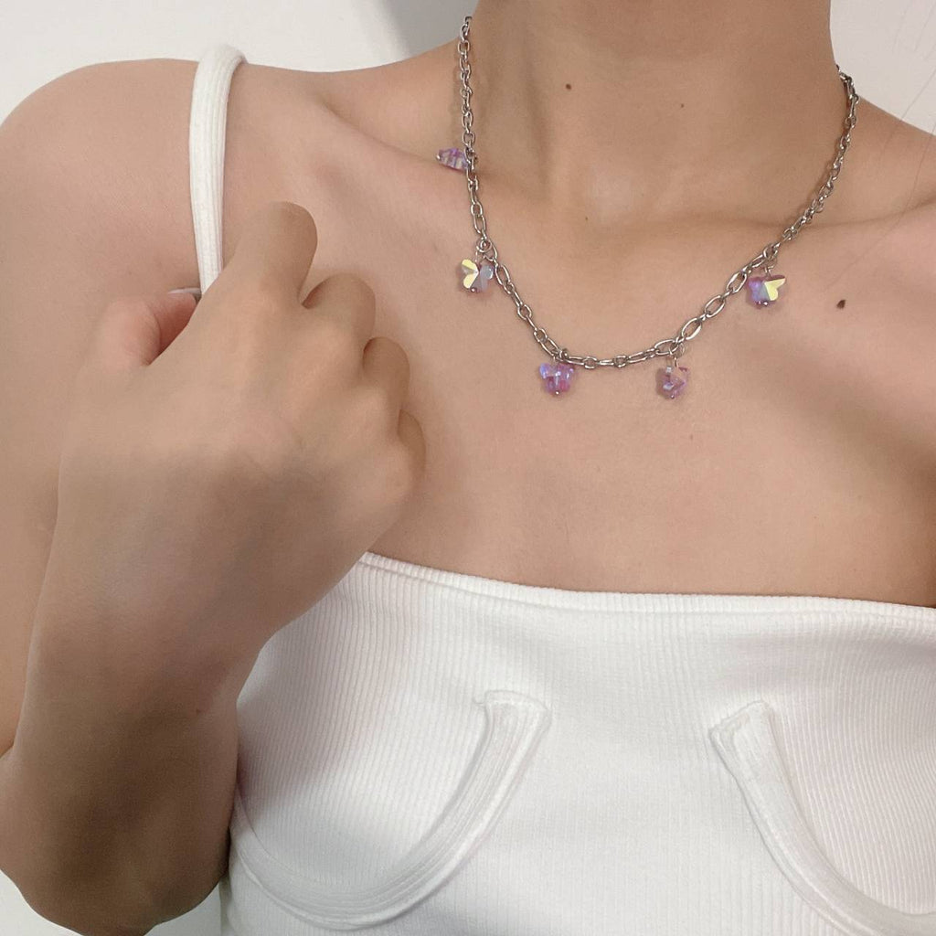 Korean Charms Butterfly Clavicle Chain Crystal Necklaces for Women Metal Vintage Y2K Choker Necklace 90s Style Aesthetics Friend
