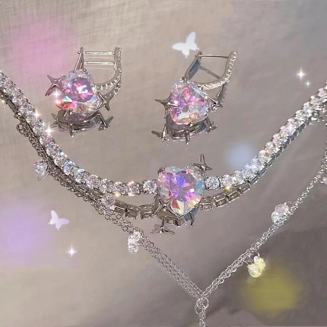 Korean Charms Colorful Crystal Necklaces For Women Metal Vintage Love Heart Choker Y2K Gossip Girls 90s Style Aesthetics Gifts