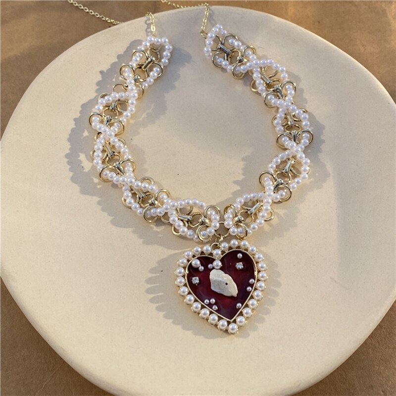 Korean Charms Pearl Heart Shaped Crystal Pendant Necklace Vintage Harajuku Y2K Punk Choker Necklace Gossip Girl 90s Jewelry Gift