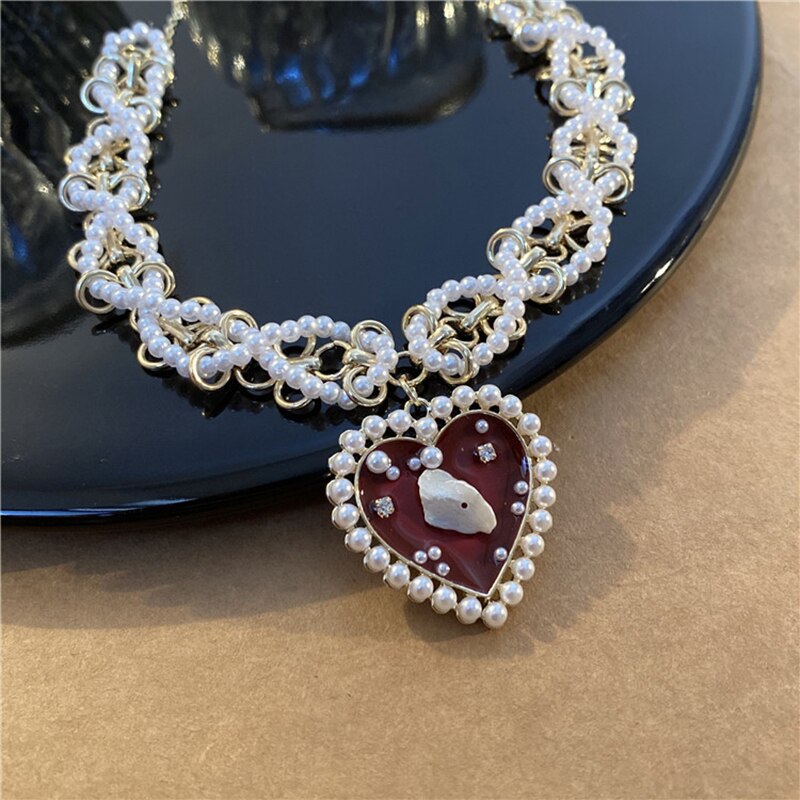 Korean Charms Pearl Heart Shaped Crystal Pendant Necklace Vintage Harajuku Y2K Punk Choker Necklace Gossip Girl 90s Jewelry Gift