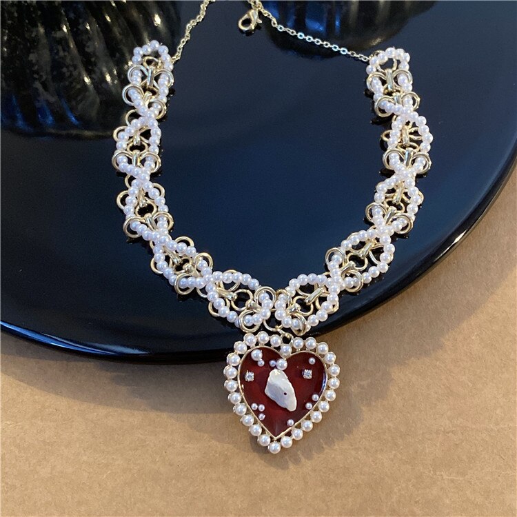 Korean Charms Pearl Heart Shaped Crystal Pendant Necklace Vintage Harajuku Y2K Punk Choker Necklace Gossip Girl 90s Jewelry Gift