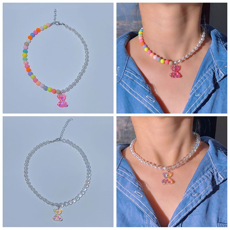 Korean Colorful Asymmetric Transparent Resin Acrylic Pearl Bear Animal Pendant Clavicle Necklace For Women Party Jewelry Gifts