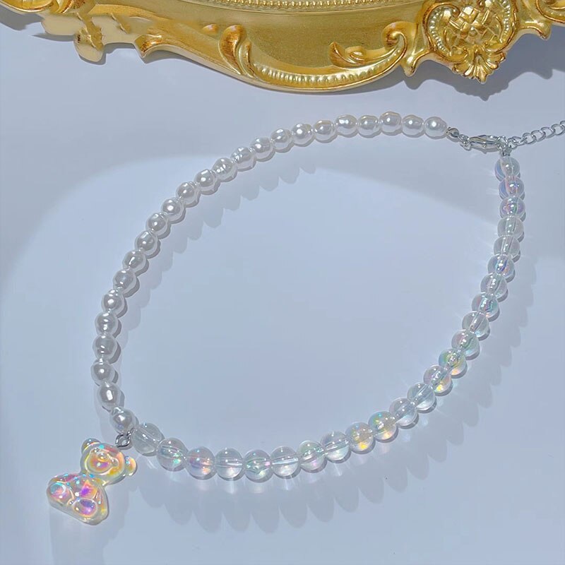 Korean Colorful Asymmetric Transparent Resin Acrylic Pearl Bear Animal Pendant Clavicle Necklace For Women Party Jewelry Gifts