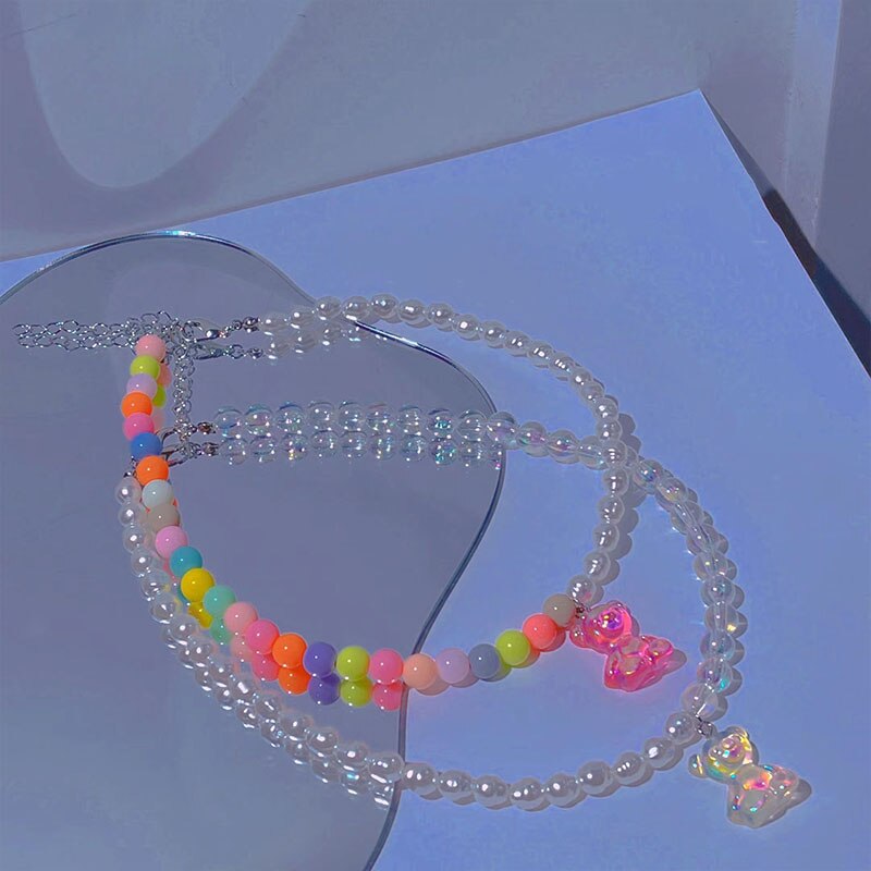 Korean Colorful Asymmetric Transparent Resin Acrylic Pearl Bear Animal Pendant Clavicle Necklace For Women Party Jewelry Gifts