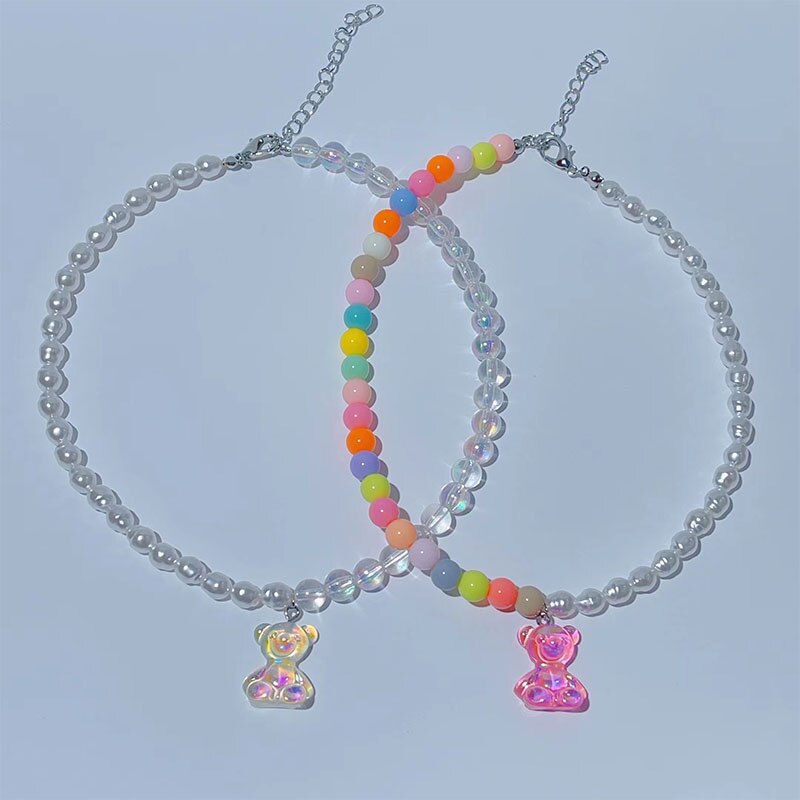 Korean Colorful Asymmetric Transparent Resin Acrylic Pearl Bear Animal Pendant Clavicle Necklace For Women Party Jewelry Gifts