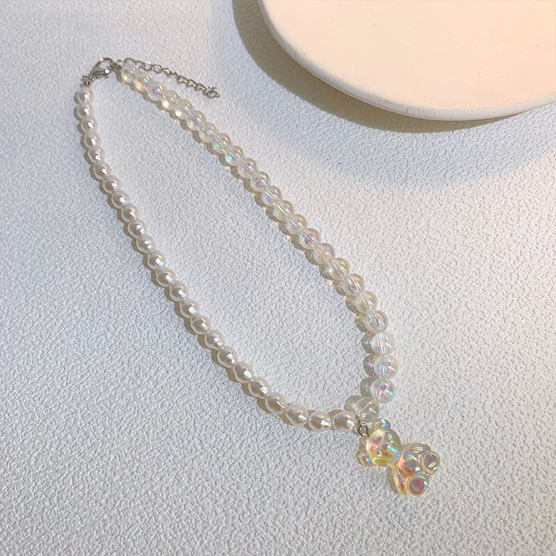 Korean Colorful Asymmetric Transparent Resin Acrylic Pearl Bear Animal Pendant Clavicle Necklace For Women Party Jewelry Gifts