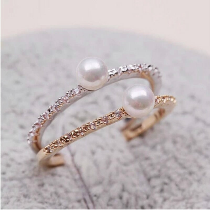 Korean Cubic Zirconia Delicate Ring Fashion Design Shining Lovely Gold Silver Color Rings Jewelry Imitation Pearls Ring Perfect