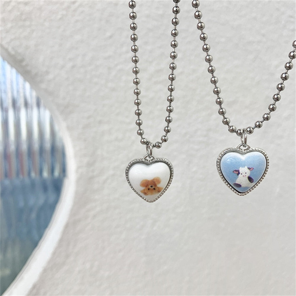 Korean Cute Bear Cows Sweater Heart Pendant Neck Beaded Chain Necklace Kawaii Collar For Women Girls Bff Couple Jewelry