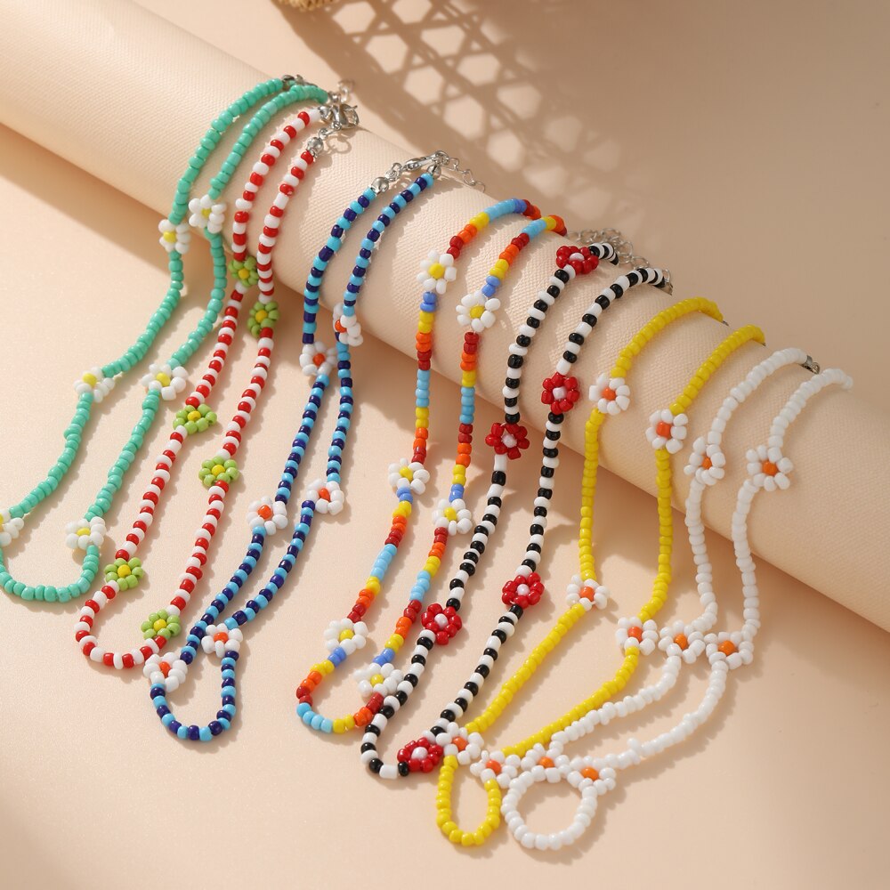 Korean Colorful Little Daisy Flower Beaded Necklace For Women Bohemian Beads Clavicle Chain Choker Necklace Jewelry