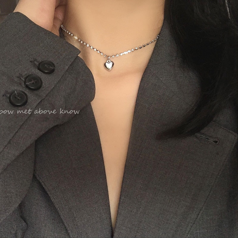 Korean Cubic Zirconia Chain Heart Necklace Fairy Punk Collar Choker Short Vintage Collier Goth Lolita Y2k Jewelry Gift