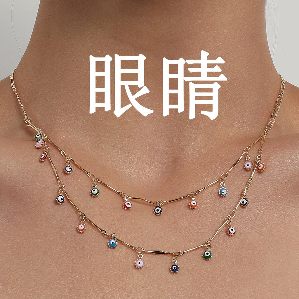Korean Double Layer Moon Daisy Necklace Short Long Neck Chain Wedding Jewelry Colorful Bead Eye Round Summer Collar Gift