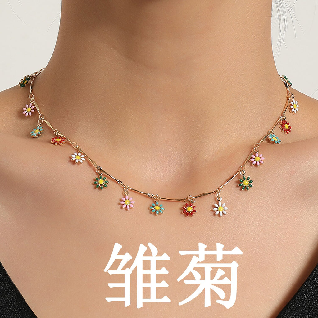 Korean Double Layer Moon Daisy Necklace Short Long Neck Chain Wedding Jewelry Colorful Bead Eye Round Summer Collar Gift