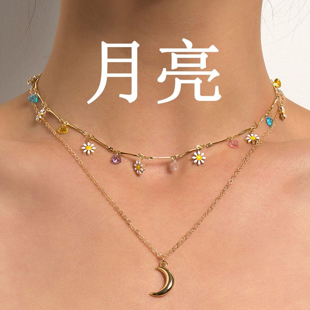 Korean Double Layer Moon Daisy Necklace Short Long Neck Chain Wedding Jewelry Colorful Bead Eye Round Summer Collar Gift