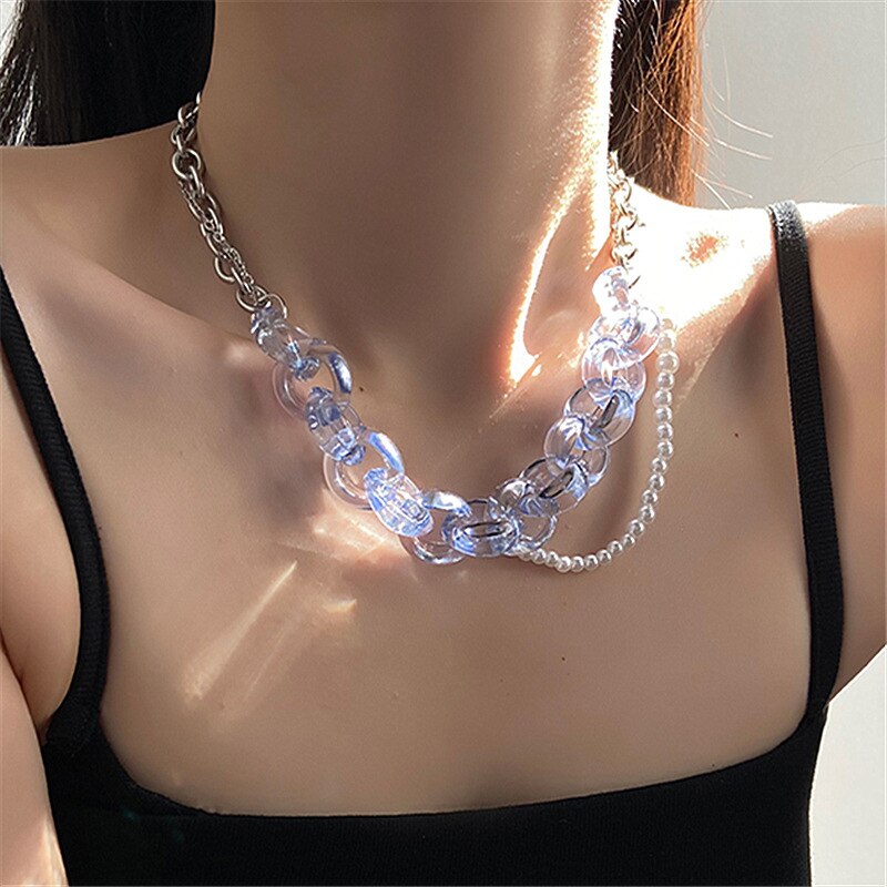 Korean Fairy Double Layer Transparent Blue Crystal Chains Choker Elegant Pearl Necklaces for Women Girlfriend Jewelry