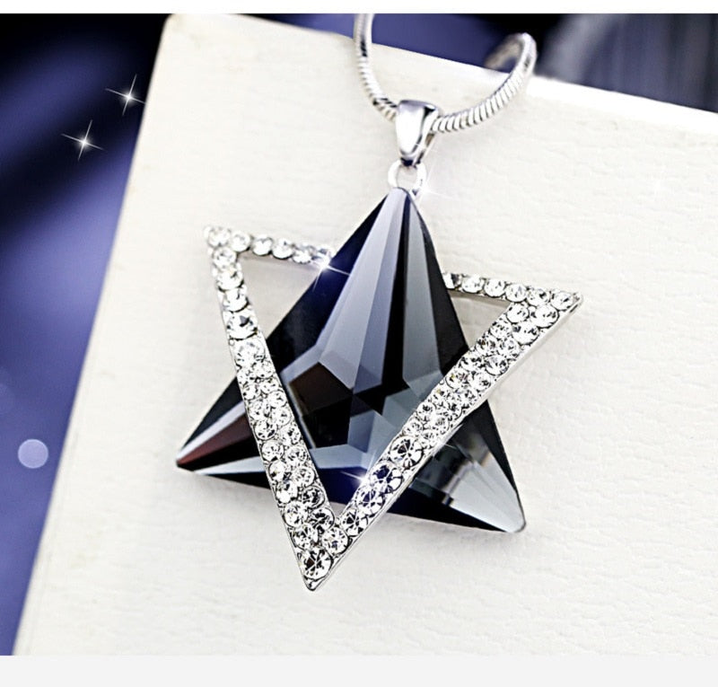 Korean Geometric Triangle Blue Crystal Pendant Necklace Women's Six-Pointed Star Metal Accessories Jewelry No Chain