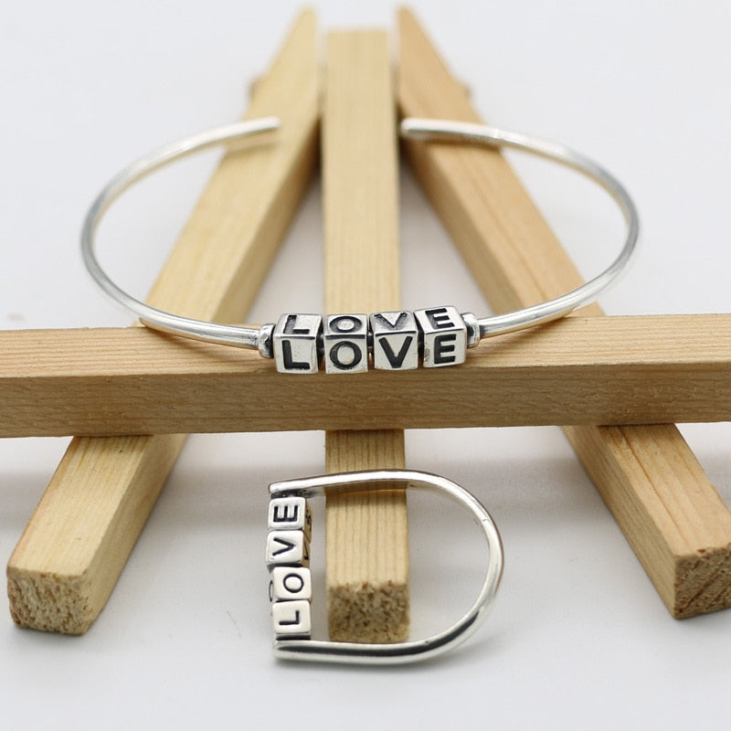 Korean Fashion Jewelry S925 Sterling Silver LOVE Open Ended Bracelet And Ring Female Bracelet Homme Sweet Lover Gift