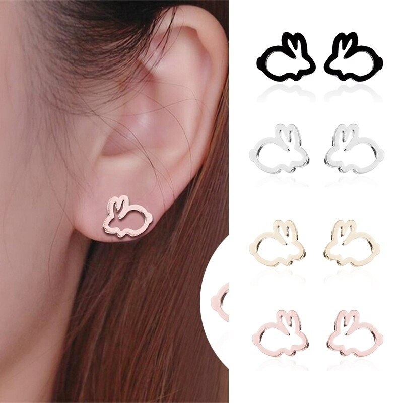 Korean Sweet and Cute Hollow Bunny Mini Alloy Small Earrings for Women Creative Personality Charm Party Jewelry