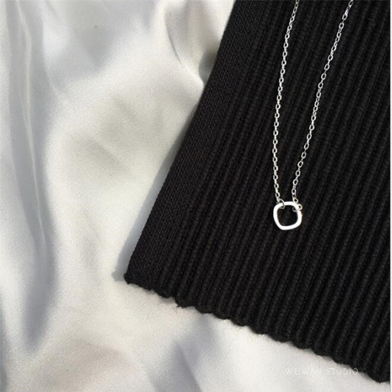 Korean Fashion Temperament Jewelry 925 Sterling Silver Female Retro Simple Hollow Square Pendant Necklace H155