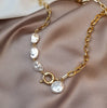 Korean Geometric Irregular Pearl Metal Chain Collar Necklace