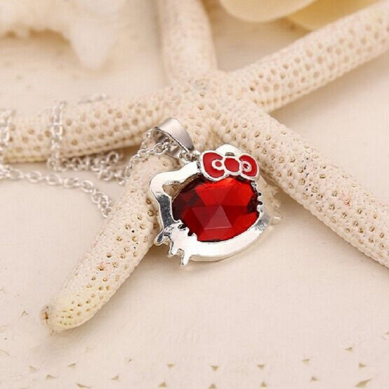 Korean Jewelry Cute Little Kitty Hello Kitty Red Rhinestone Necklace Rubies Cat head Bowknot Pendant Necklace For Women Gift
